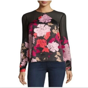 1. State Blouse Floral Leaf Print Black Pink Size Medium
